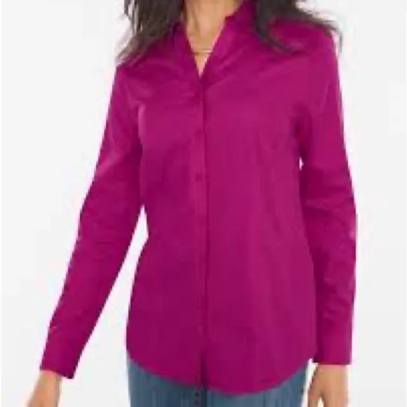 NWT Chico’s No Iron Sateen Purple Fuchsia Berry Marie Button Down Size 1/Small - Picture 1 of 9